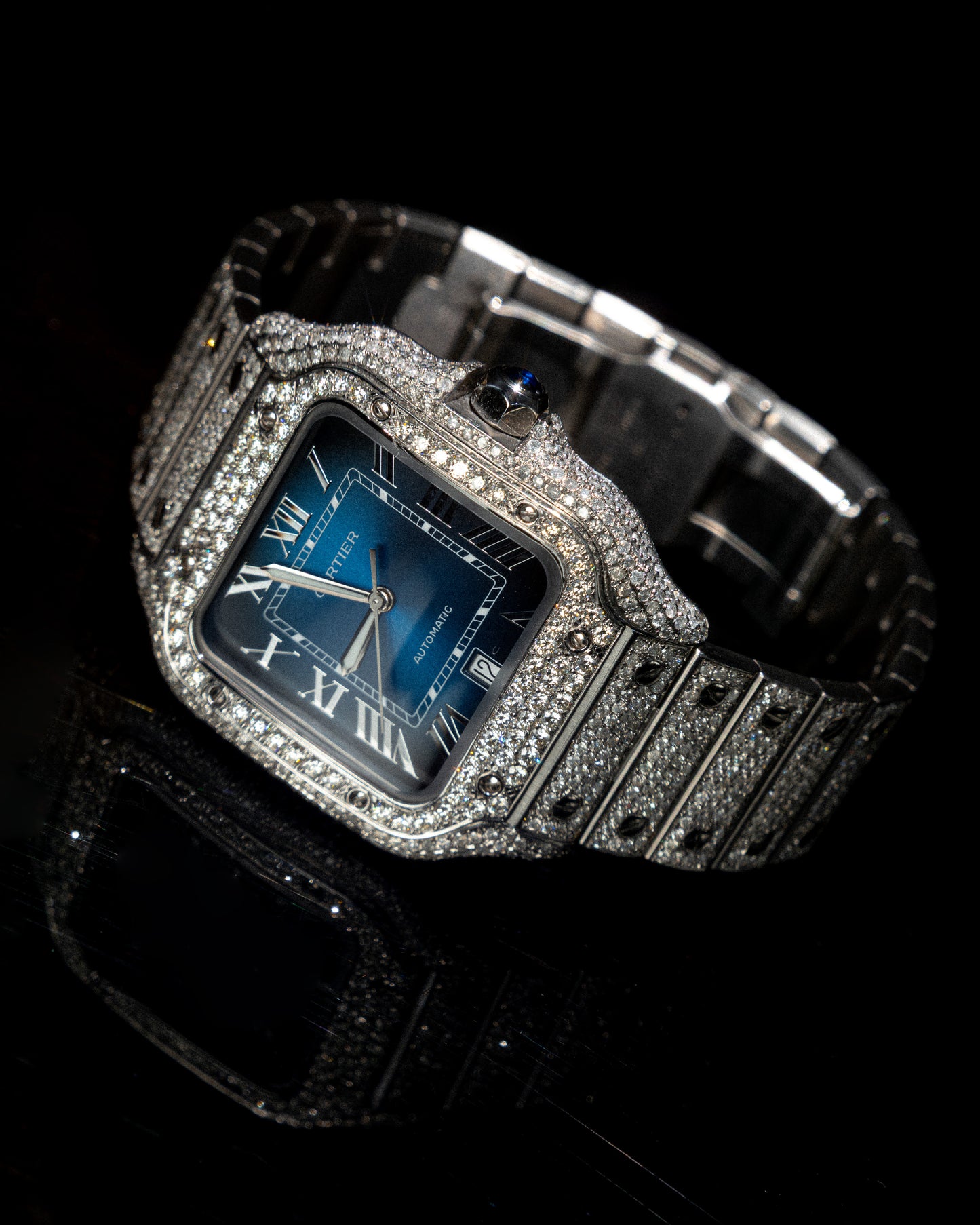 SANTOS CARTIER BLUE DIAL FULL DIAMONDS NATURALES AÑO 2024 full set